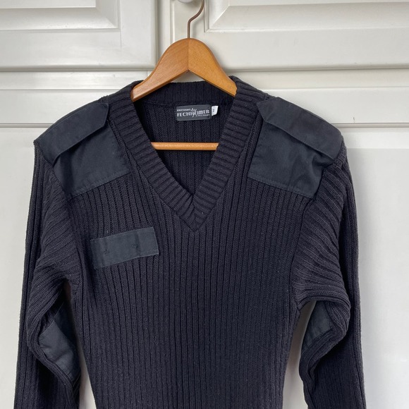 Fechheimer Sweater Mens Sz M Black Wool Blend Military Elbow Patches Ribbed Vtg - Picture 7 of 13